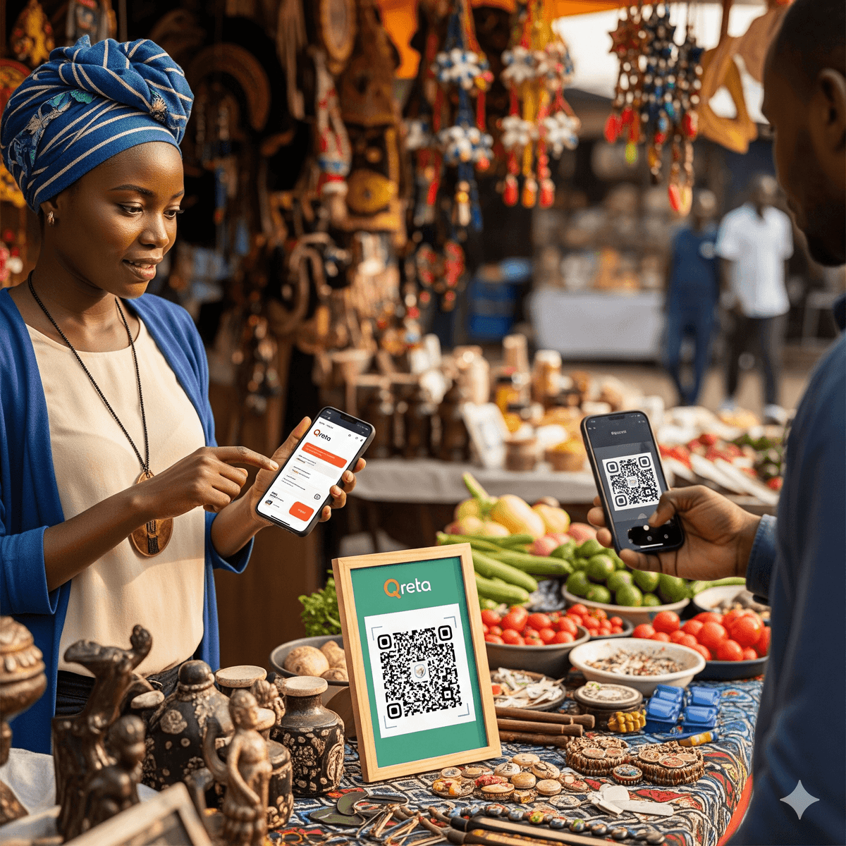 Small business owner with QR code at market stall